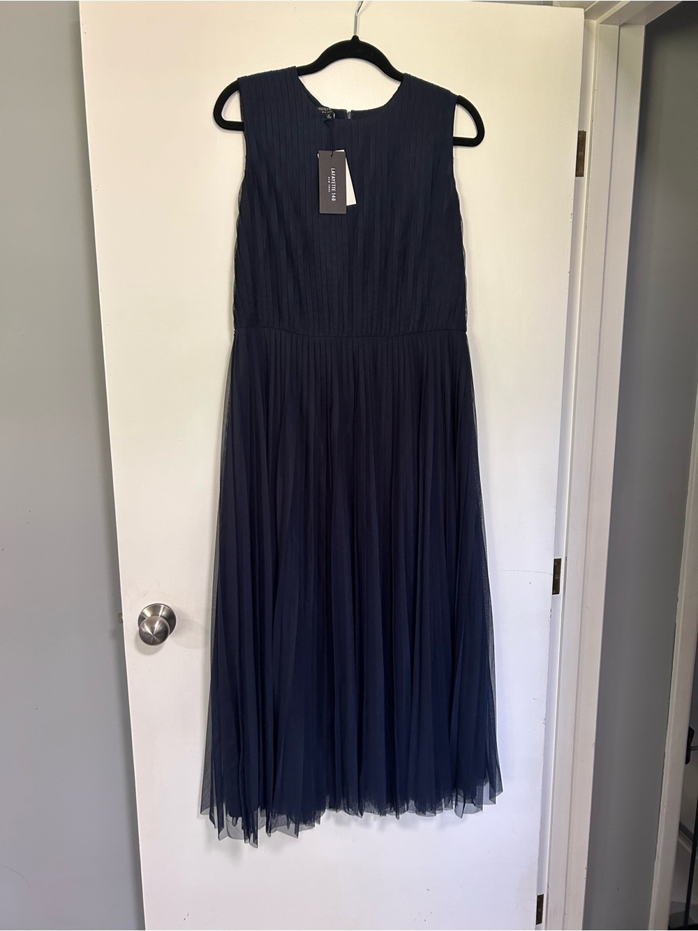 Lafayette 148 New York Navy Sleeveless Pleated Maxi Dress